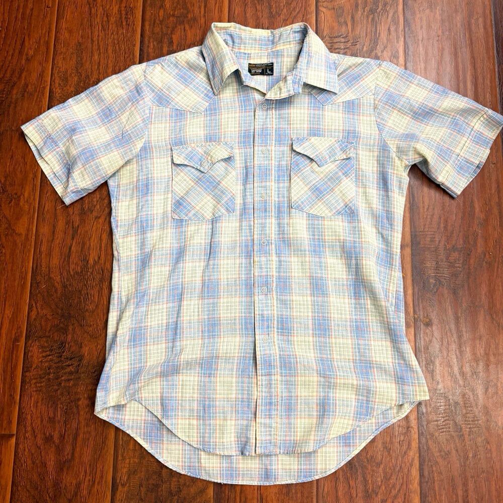 Vintage JC Penney Towncraft Mens Shirt L Blue Plaid Snap Short Sleeve Button-Up